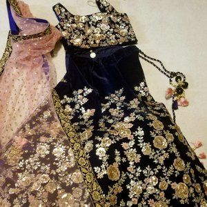 Gorgeous Designer Style Navy Blue Velvet Lehenga!